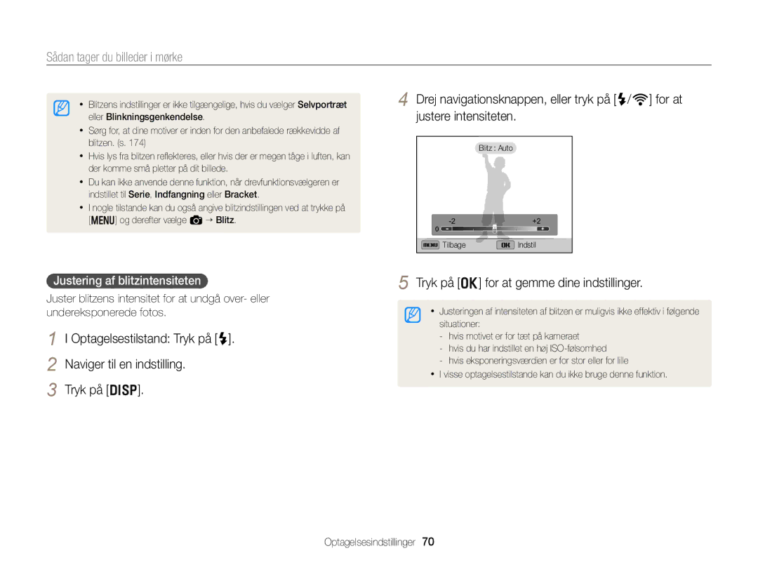 Samsung EC-EX2FZZBPWE2, EC-EX2FZZBPBE2 manual Justering af blitzintensiteten 