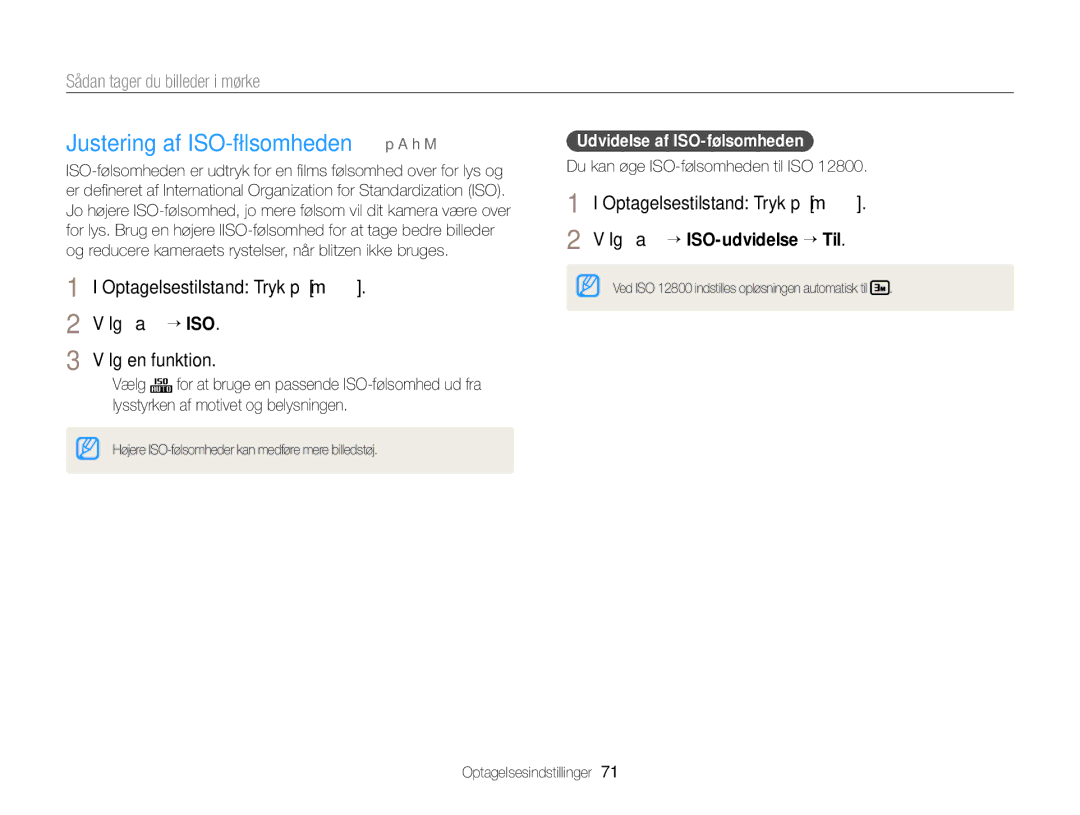 Samsung EC-EX2FZZBPBE2, EC-EX2FZZBPWE2 manual Justering af ISO-følsomheden p a h M, Udvidelse af ISO-følsomheden 