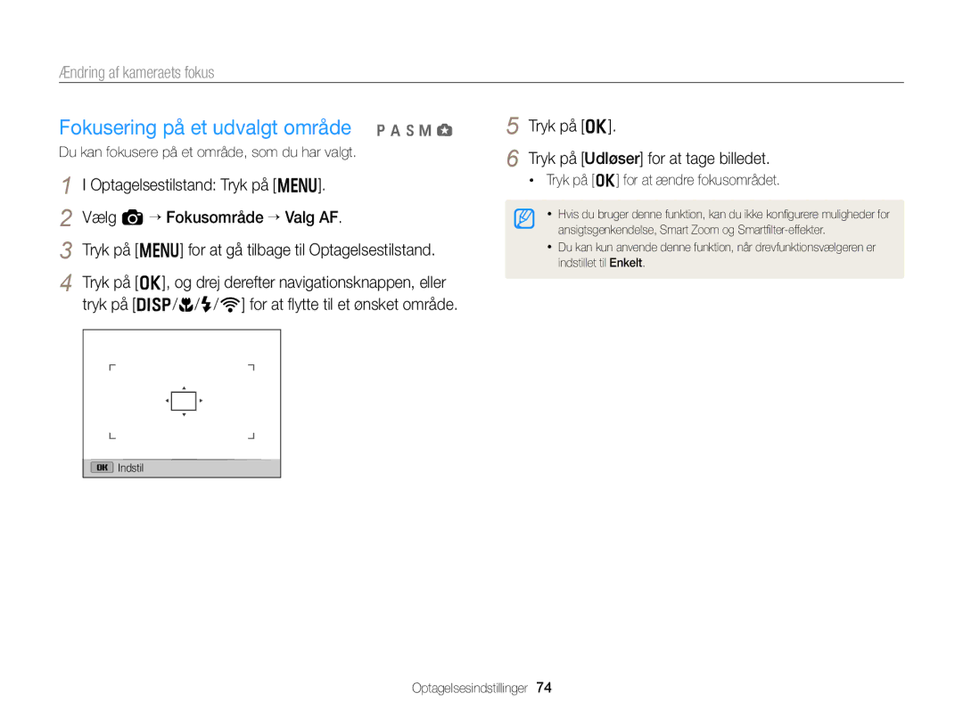 Samsung EC-EX2FZZBPWE2, EC-EX2FZZBPBE2 Tryk på o Tryk på Udløser for at tage billedet, Tryk på o for at ændre fokusområdet 