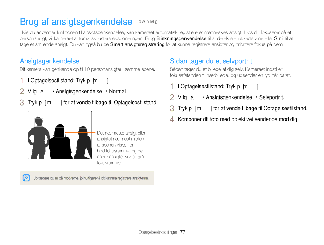 Samsung EC-EX2FZZBPBE2, EC-EX2FZZBPWE2 manual Ansigtsgenkendelse, Sådan tager du et selvportræt 