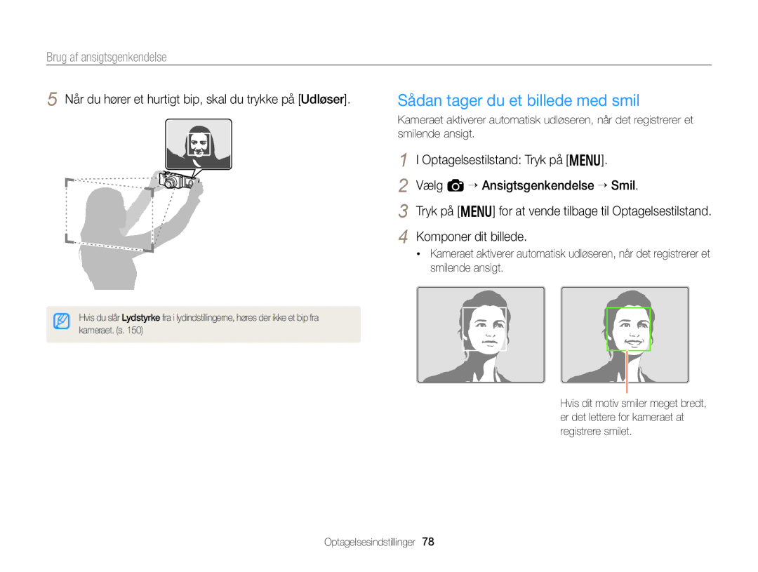 Samsung EC-EX2FZZBPWE2, EC-EX2FZZBPBE2 manual Sådan tager du et billede med smil, Brug af ansigtsgenkendelse 