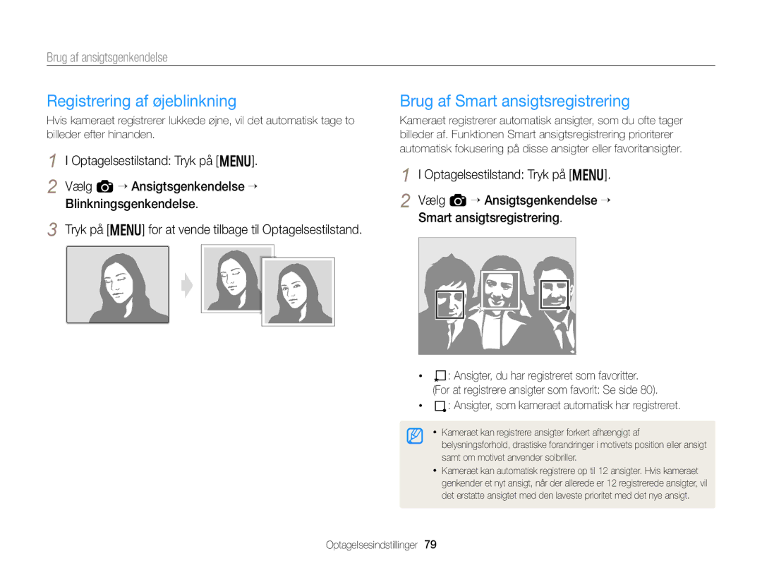 Samsung EC-EX2FZZBPBE2, EC-EX2FZZBPWE2 manual Registrering af øjeblinkning, Brug af Smart ansigtsregistrering 