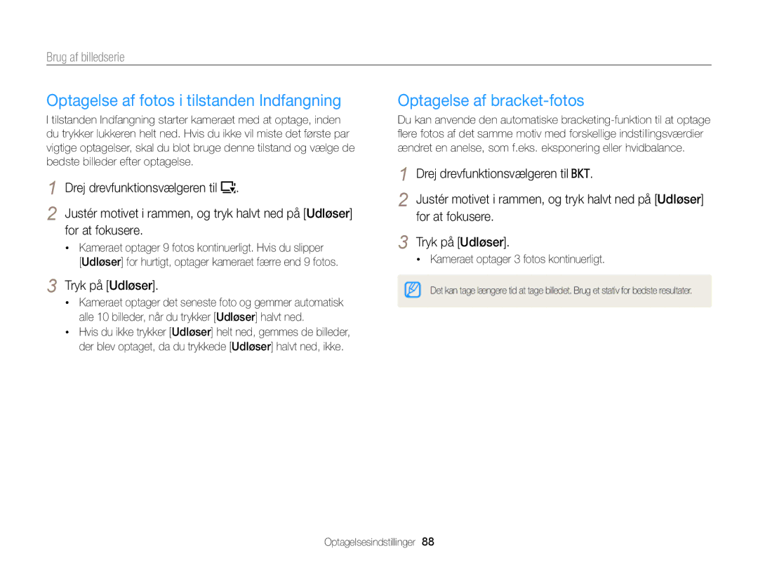 Samsung EC-EX2FZZBPWE2 manual Optagelse af fotos i tilstanden Indfangning, Optagelse af bracket-fotos, Brug af billedserie 