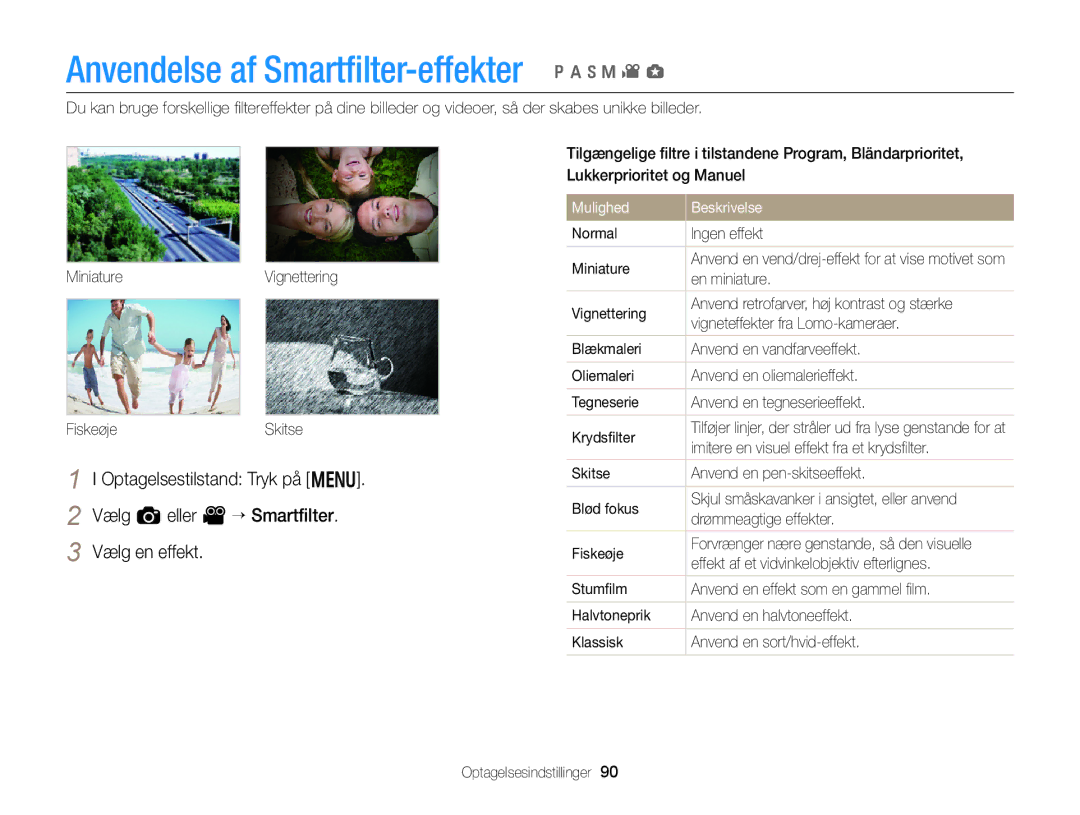 Samsung EC-EX2FZZBPWE2 manual Normal Ingen effekt Miniature, En miniature, Imitere en visuel effekt fra et krydsﬁlter 