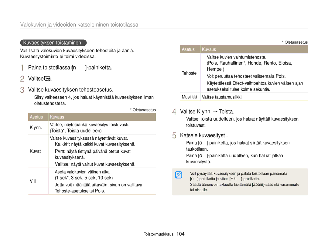 Samsung EC-EX2FZZBPWE2 manual Valitse Käynn. “ Toista, Katsele kuvaesitystä, Kuvaesityksen toistaminen, Asetus Kuvaus Käynn 