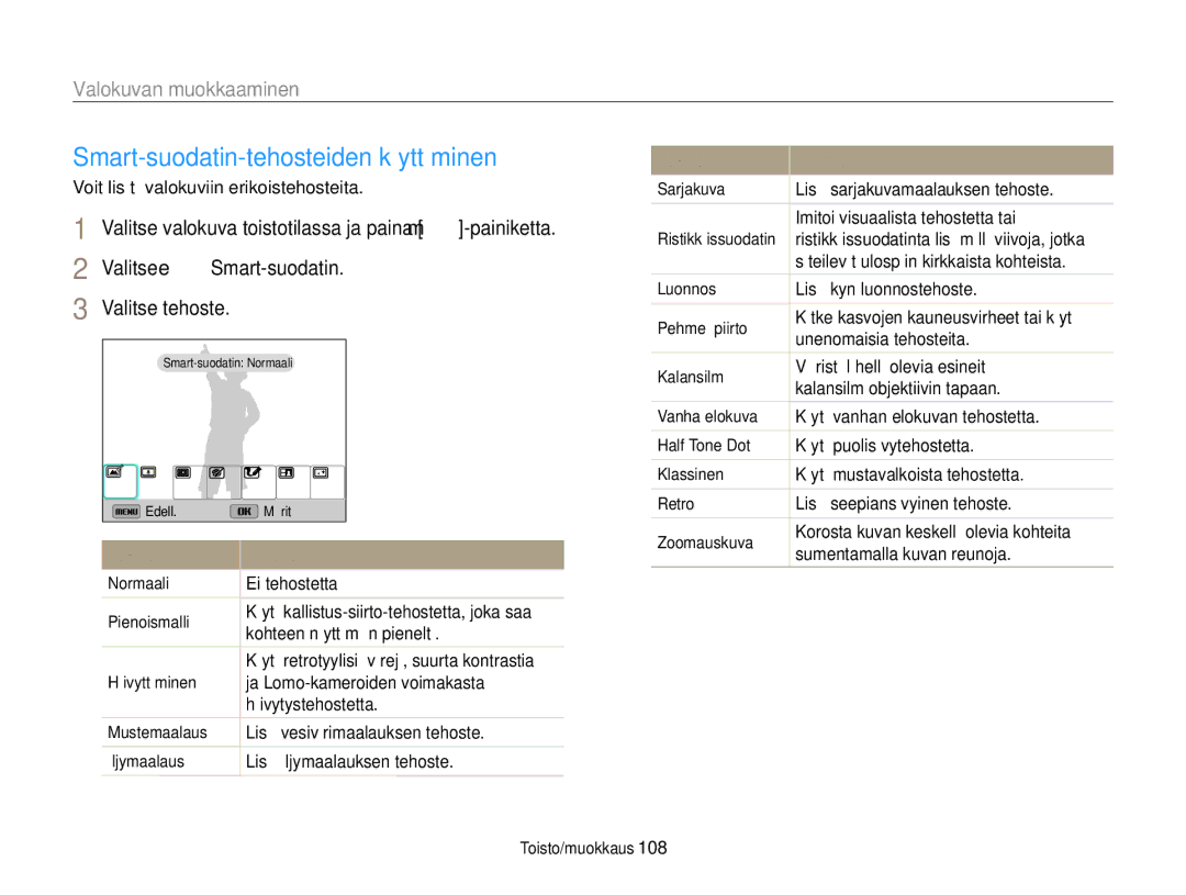 Samsung EC-EX2FZZBPWE2, EC-EX2FZZBPBE2 manual Smart-suodatin-tehosteiden käyttäminen, Valokuvan muokkaaminen 