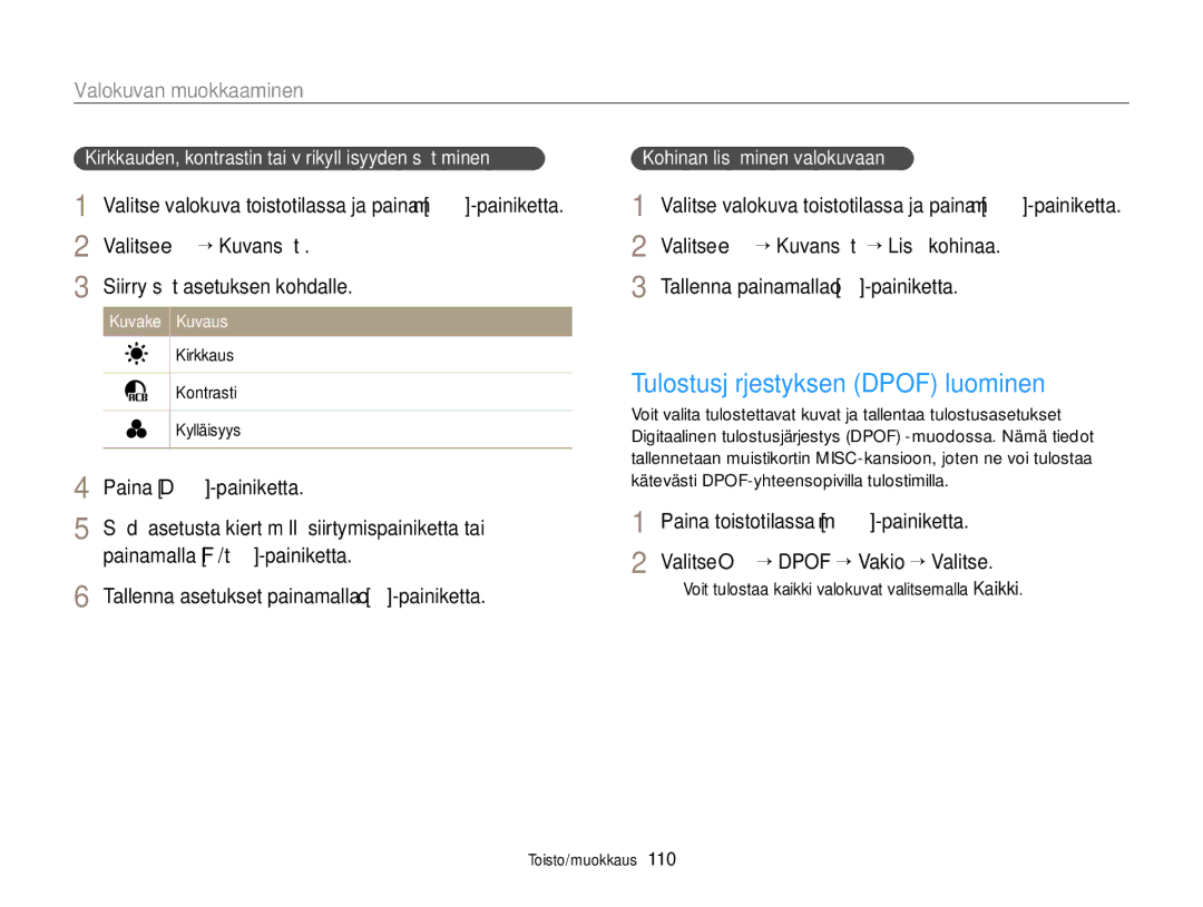 Samsung EC-EX2FZZBPWE2 Tulostusjärjestyksen Dpof luominen, Tallenna painamalla o-painiketta, Kohinan lisääminen valokuvaan 