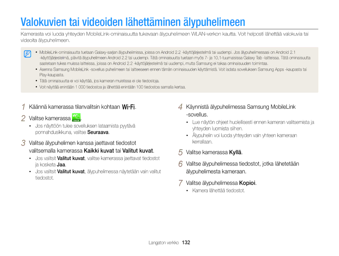 Samsung EC-EX2FZZBPWE2, EC-EX2FZZBPBE2 manual Valokuvien tai videoiden lähettäminen älypuhelimeen, Kamera lähettää tiedostot 