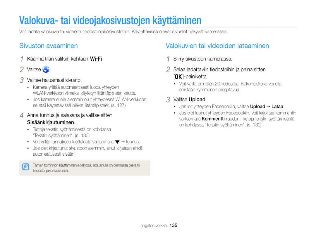 Samsung EC-EX2FZZBPBE2, EC-EX2FZZBPWE2 Valokuva- tai videojakosivustojen käyttäminen, Sivuston avaaminen, Valitse Upload 