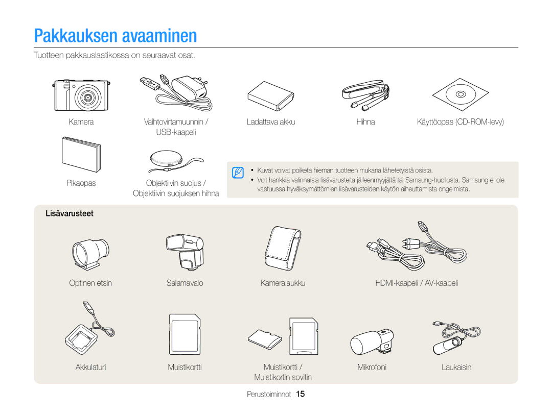 Samsung EC-EX2FZZBPBE2, EC-EX2FZZBPWE2 manual Pakkauksen avaaminen 