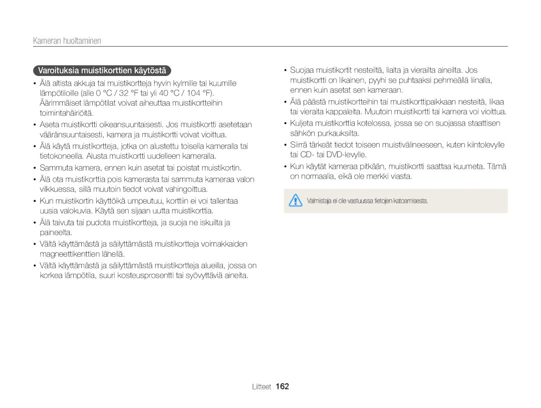 Samsung EC-EX2FZZBPWE2, EC-EX2FZZBPBE2 manual Varoituksia muistikorttien käytöstä 