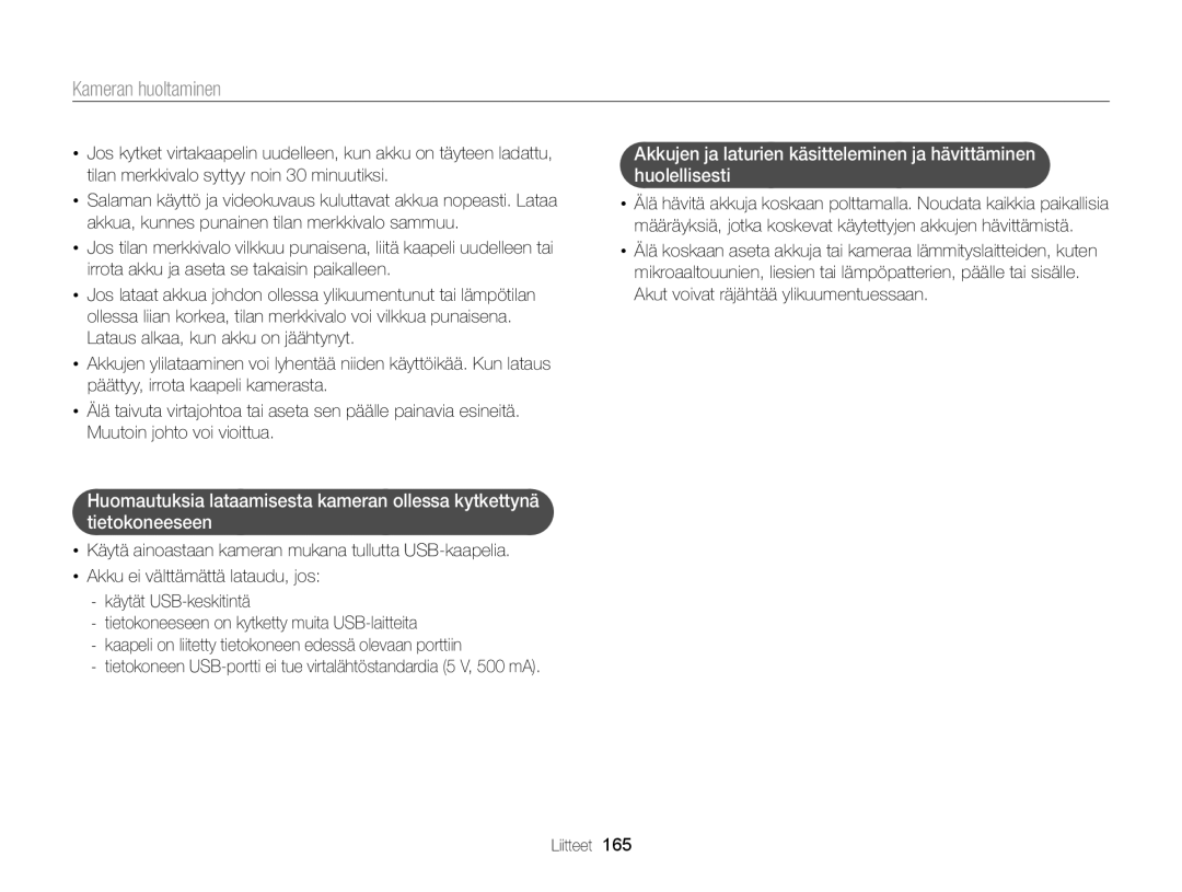 Samsung EC-EX2FZZBPBE2, EC-EX2FZZBPWE2 manual Kameran huoltaminen 