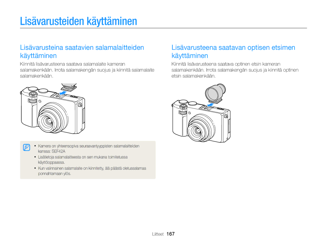 Samsung EC-EX2FZZBPBE2, EC-EX2FZZBPWE2 Lisävarusteiden käyttäminen, Lisävarusteina saatavien salamalaitteiden käyttäminen 