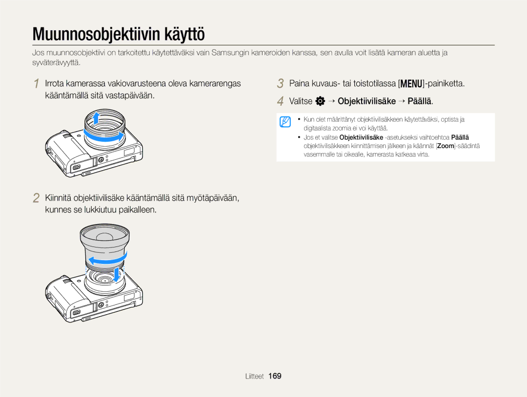 Samsung EC-EX2FZZBPBE2, EC-EX2FZZBPWE2 manual Muunnosobjektiivin käyttö 