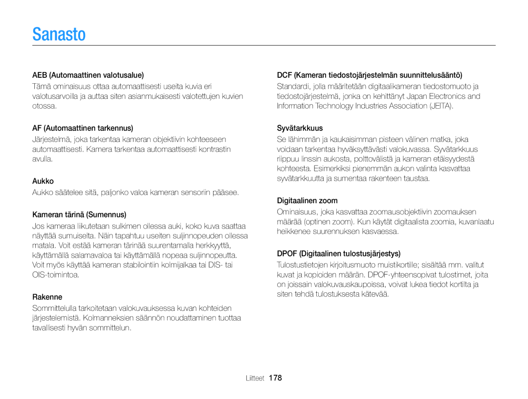 Samsung EC-EX2FZZBPWE2, EC-EX2FZZBPBE2 manual Sanasto, Syvätarkkuus 