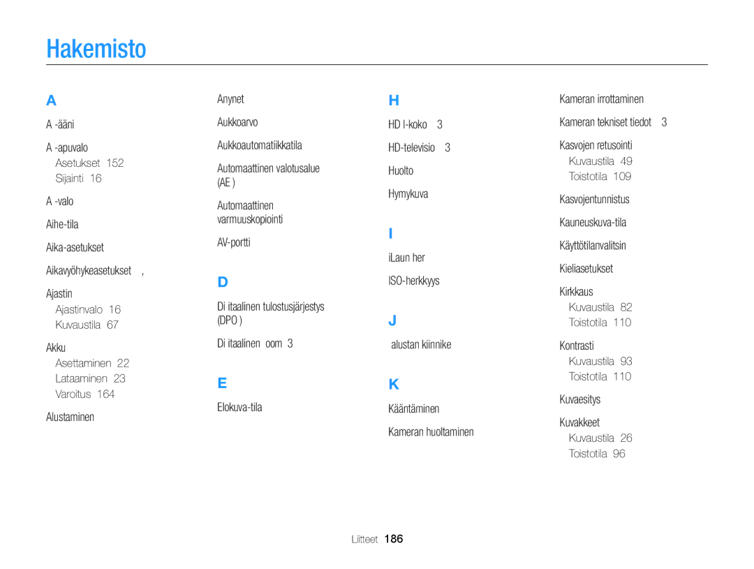 Samsung EC-EX2FZZBPWE2, EC-EX2FZZBPBE2 manual Hakemisto 