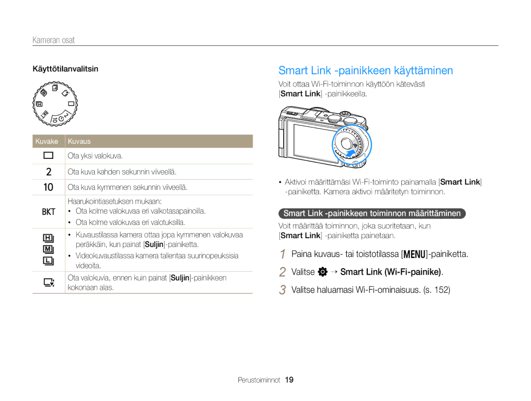 Samsung EC-EX2FZZBPBE2, EC-EX2FZZBPWE2 Smart Link -painikkeen käyttäminen, Smart Link -painikkeen toiminnon määrittäminen 