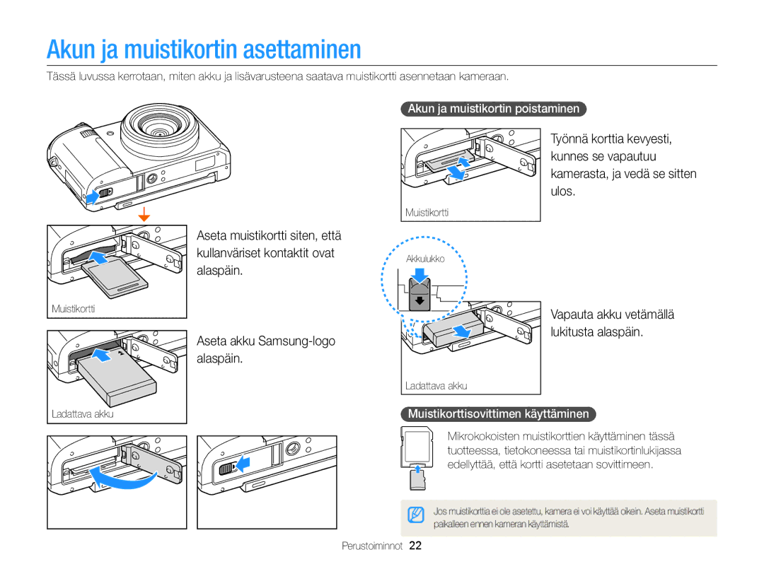 Samsung EC-EX2FZZBPWE2, EC-EX2FZZBPBE2 manual Akun ja muistikortin asettaminen, Aseta akku Samsung-logo alaspäin 