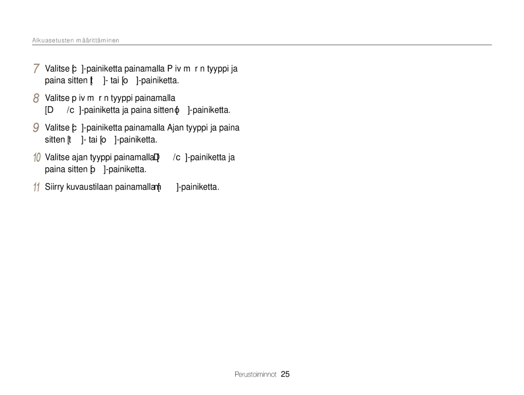 Samsung EC-EX2FZZBPBE2, EC-EX2FZZBPWE2 manual Alkuasetusten määrittäminen 