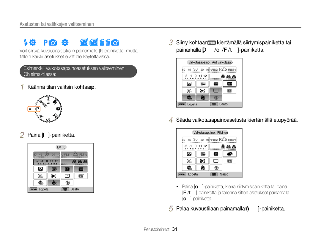 Samsung EC-EX2FZZBPBE2 manual Fn-painikkeella, Käännä tilan valitsin kohtaan p, Palaa kuvaustilaan painamalla m-painiketta 