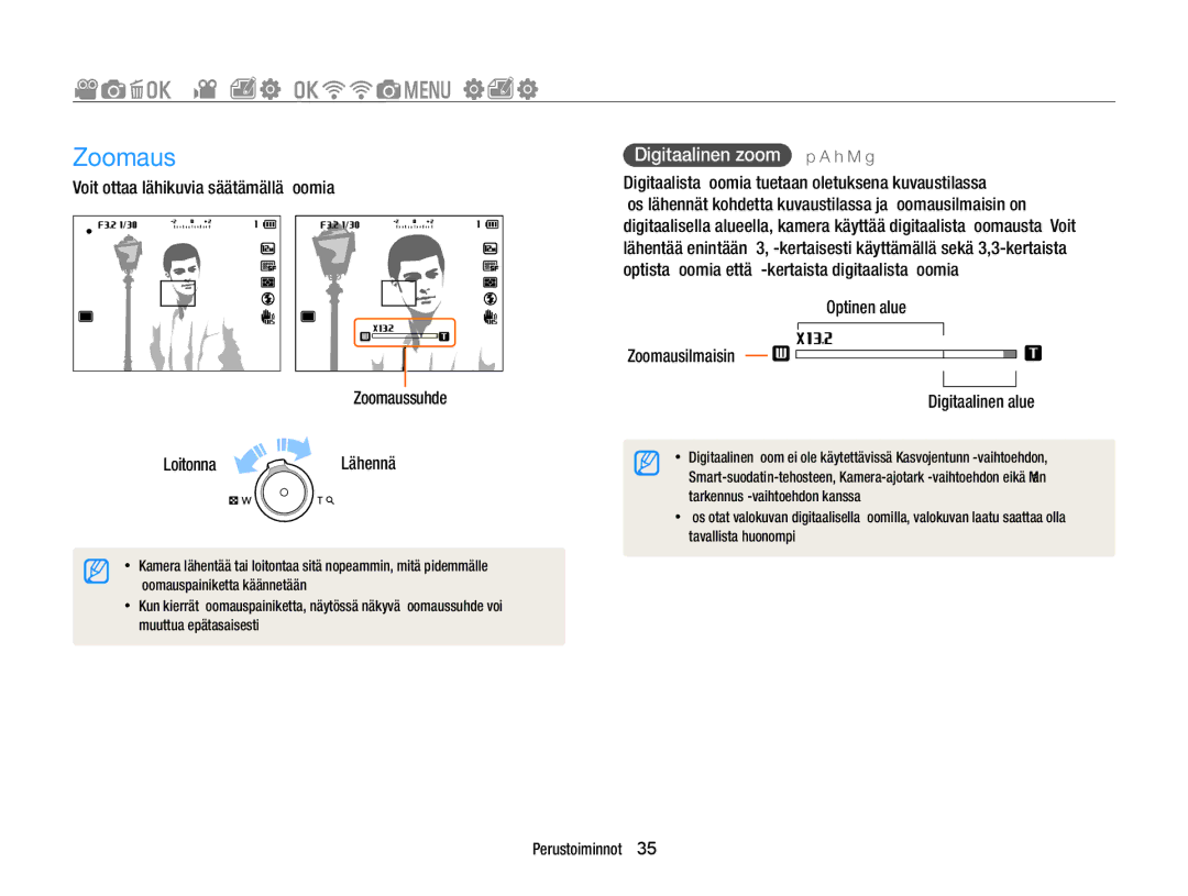 Samsung EC-EX2FZZBPBE2, EC-EX2FZZBPWE2 manual Zoomaus, Valokuvien ottaminen, Digitaalinen zoom p a h M g 