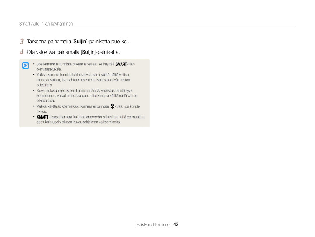 Samsung EC-EX2FZZBPWE2, EC-EX2FZZBPBE2 manual Smart Auto -tilan käyttäminen 