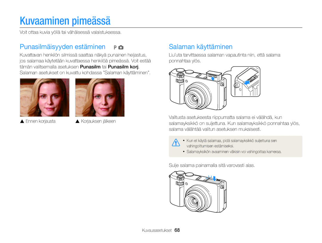 Samsung EC-EX2FZZBPWE2, EC-EX2FZZBPBE2 manual Kuvaaminen pimeässä, Punasilmäisyyden estäminen p g, Salaman käyttäminen 