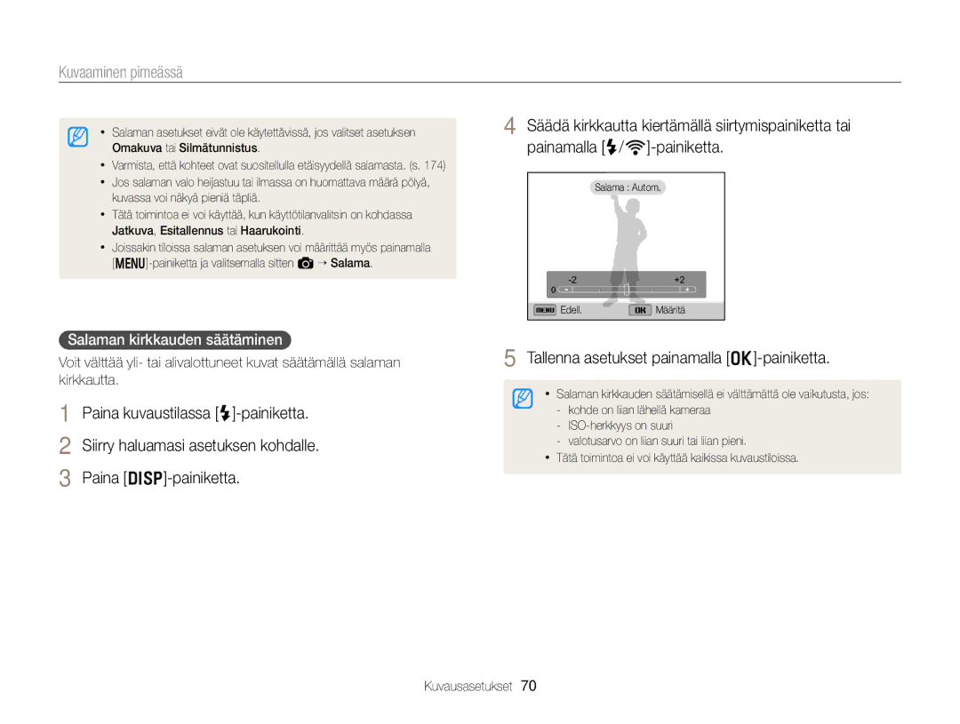 Samsung EC-EX2FZZBPWE2, EC-EX2FZZBPBE2 manual Salaman kirkkauden säätäminen 