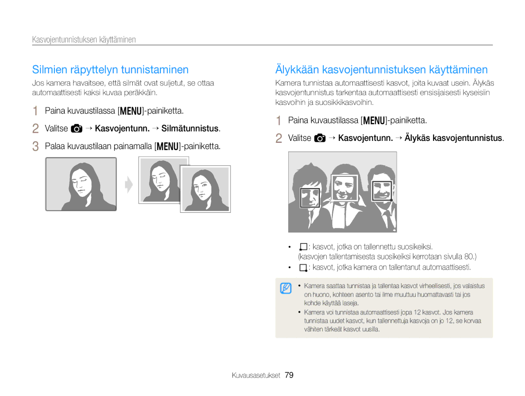 Samsung EC-EX2FZZBPBE2, EC-EX2FZZBPWE2 manual Silmien räpyttelyn tunnistaminen, Älykkään kasvojentunnistuksen käyttäminen 