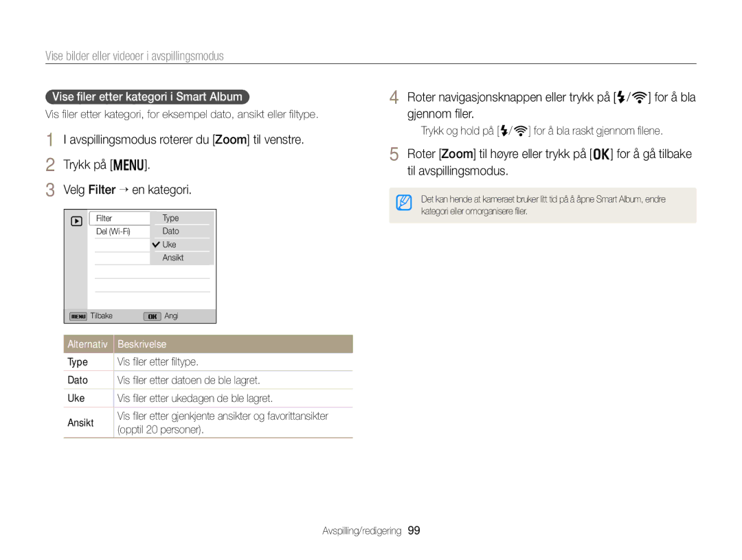 Samsung EC-EX2FZZBPBE2 manual Gjennom ﬁler, Trykk på m Velg Filter ““en kategori, Vise ﬁler etter kategori i Smart Album 
