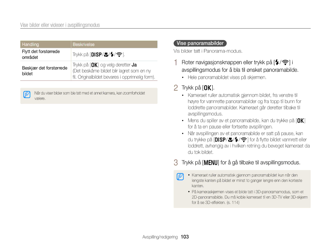 Samsung EC-EX2FZZBPBE2, EC-EX2FZZBPWE2 Trykk på o, Trykk på m for å gå tilbake til avspillingsmodus, Vise panoramabilder 