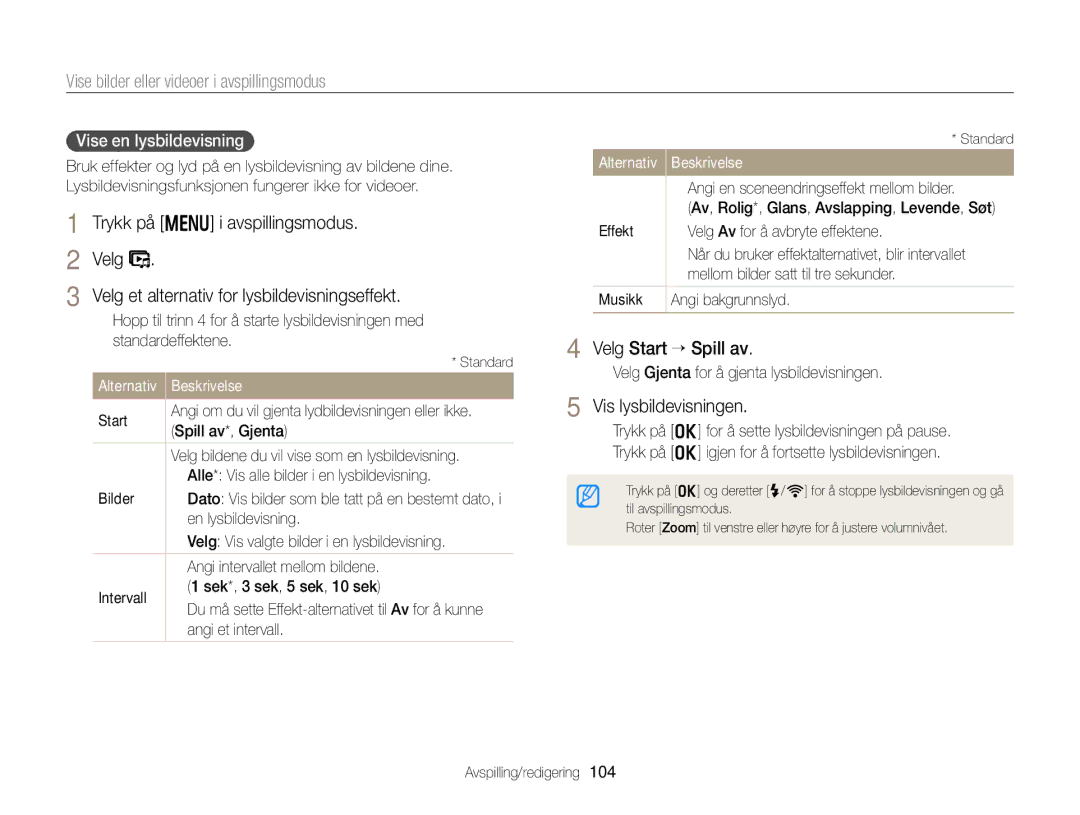 Samsung EC-EX2FZZBPWE2, EC-EX2FZZBPBE2 manual Velg Start “ Spill av, Vis lysbildevisningen, Vise en lysbildevisning 