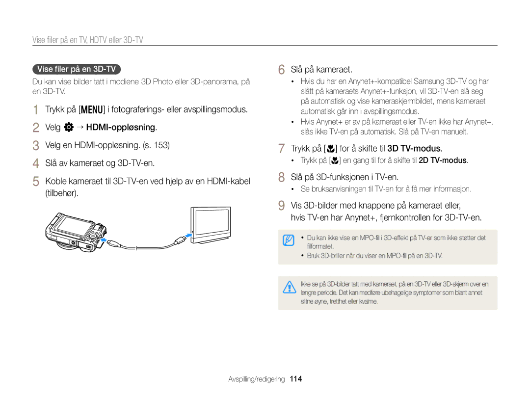 Samsung EC-EX2FZZBPWE2 manual Trykk på c for å skifte til 3D TV-modus, Slå på 3D-funksjonen i TV-en, Vise ﬁler på en 3D-TV 