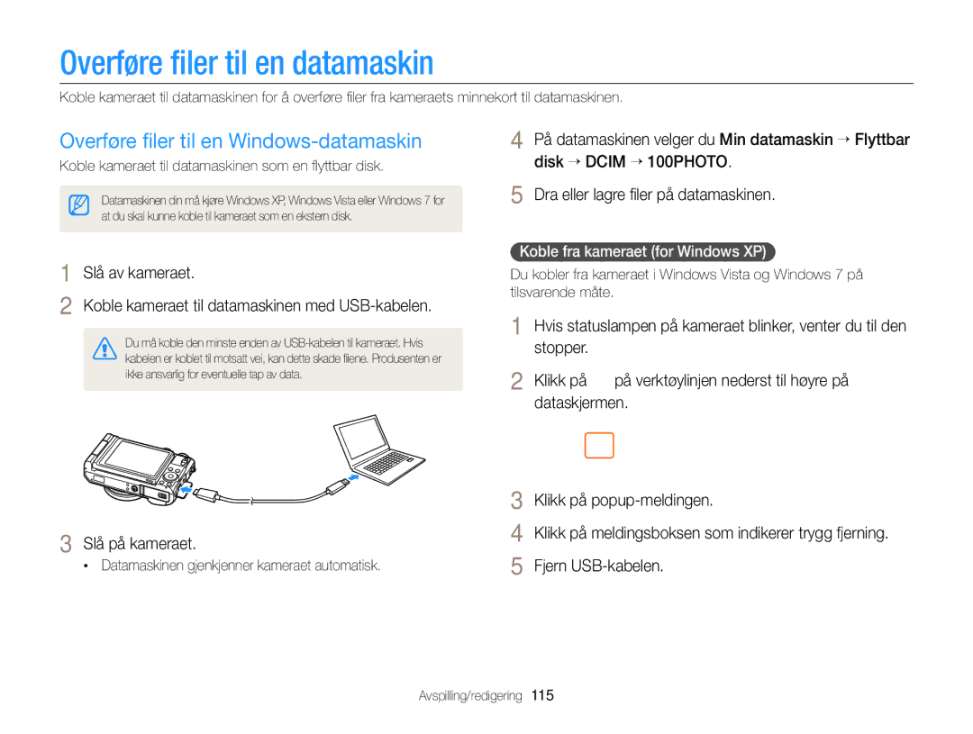 Samsung EC-EX2FZZBPBE2 manual Overføre ﬁler til en datamaskin, Overføre ﬁler til en Windows-datamaskin, Fjern USB-kabelen 