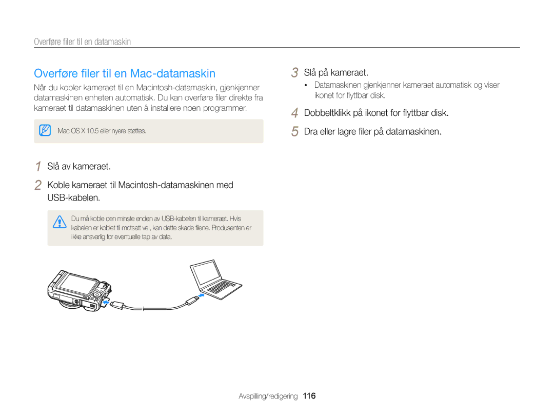 Samsung EC-EX2FZZBPWE2, EC-EX2FZZBPBE2 manual Overføre ﬁler til en Mac-datamaskin, Overføre ﬁler til en datamaskin 