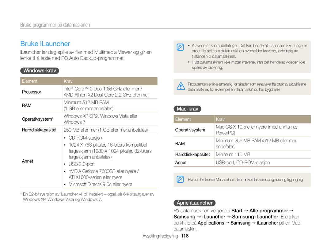 Samsung EC-EX2FZZBPWE2 manual Bruke iLauncher, Bruke programmer på datamaskinen, Åpne iLauncher, Windows-krav Element Krav 