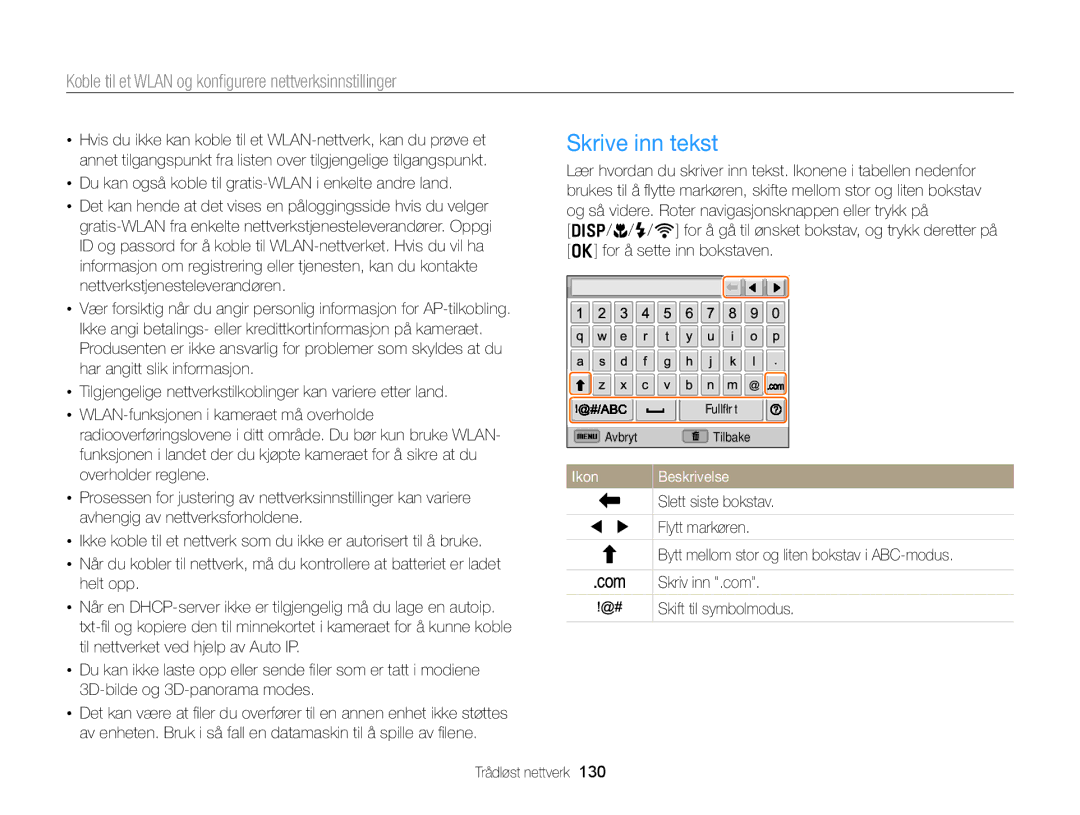 Samsung EC-EX2FZZBPWE2 manual Skrive inn tekst, Du kan også koble til gratis-WLAN i enkelte andre land, IkonBeskrivelse 