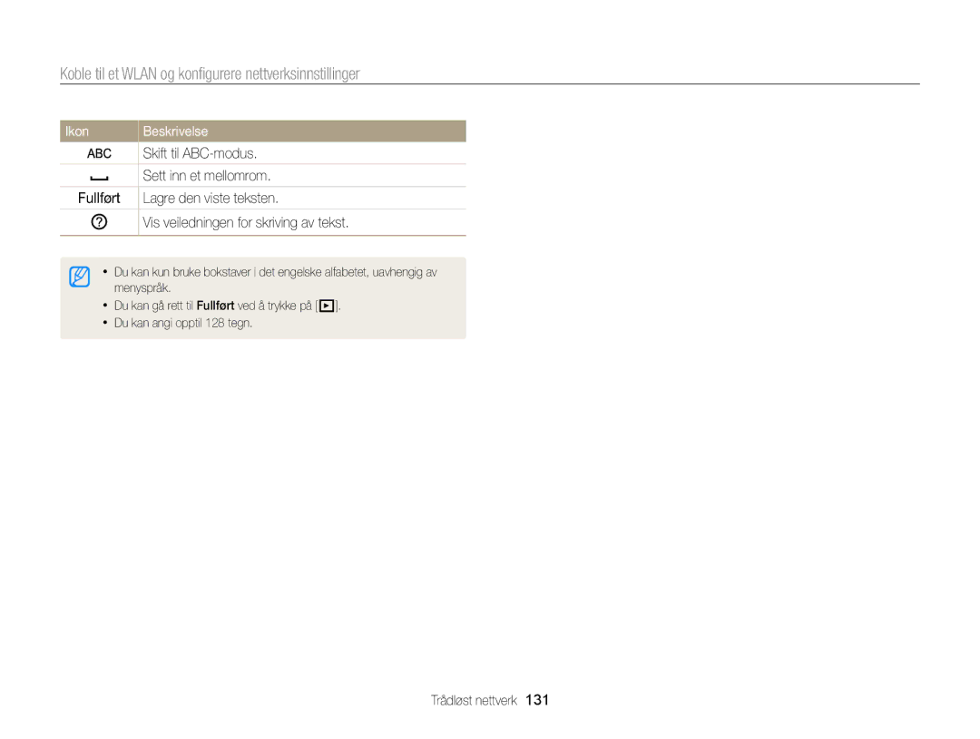 Samsung EC-EX2FZZBPBE2, EC-EX2FZZBPWE2 manual Skift til ABC-modus, Sett inn et mellomrom 