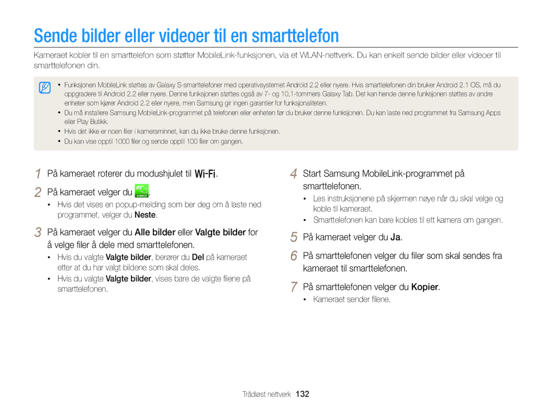 Samsung EC-EX2FZZBPWE2, EC-EX2FZZBPBE2 manual Sende bilder eller videoer til en smarttelefon, Kameraet sender ﬁlene 