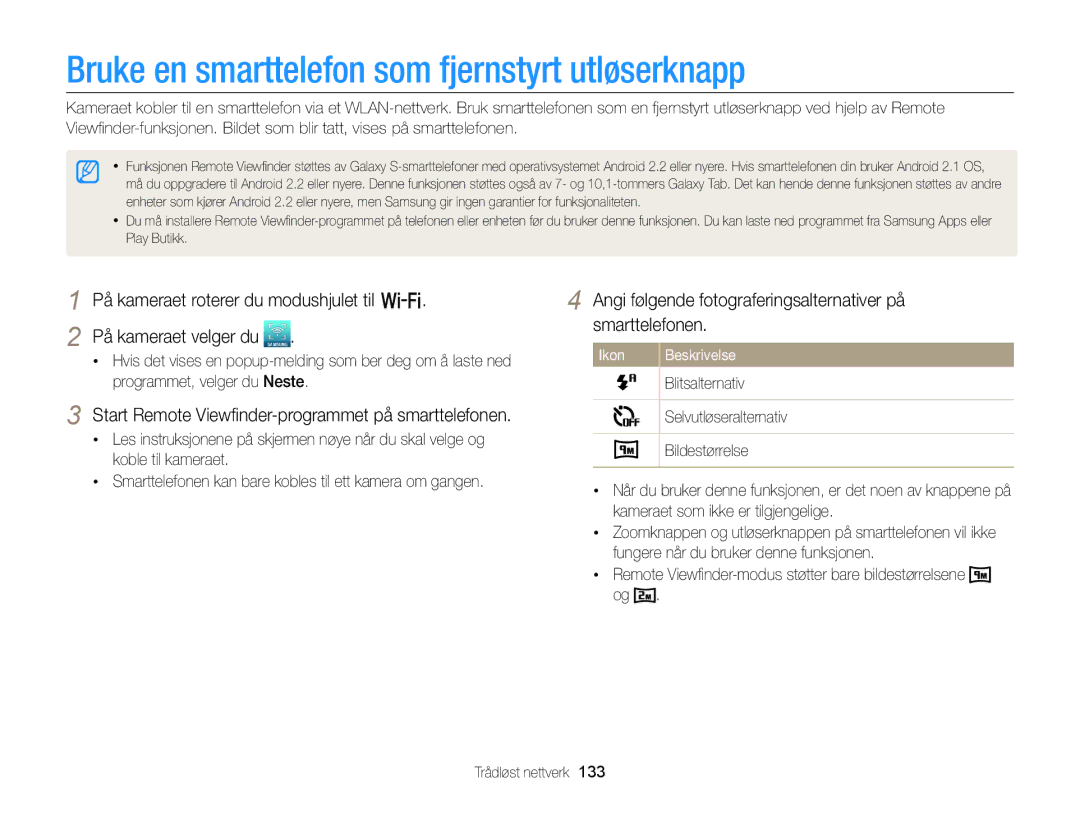 Samsung EC-EX2FZZBPBE2, EC-EX2FZZBPWE2 manual Bruke en smarttelefon som fjernstyrt utløserknapp 