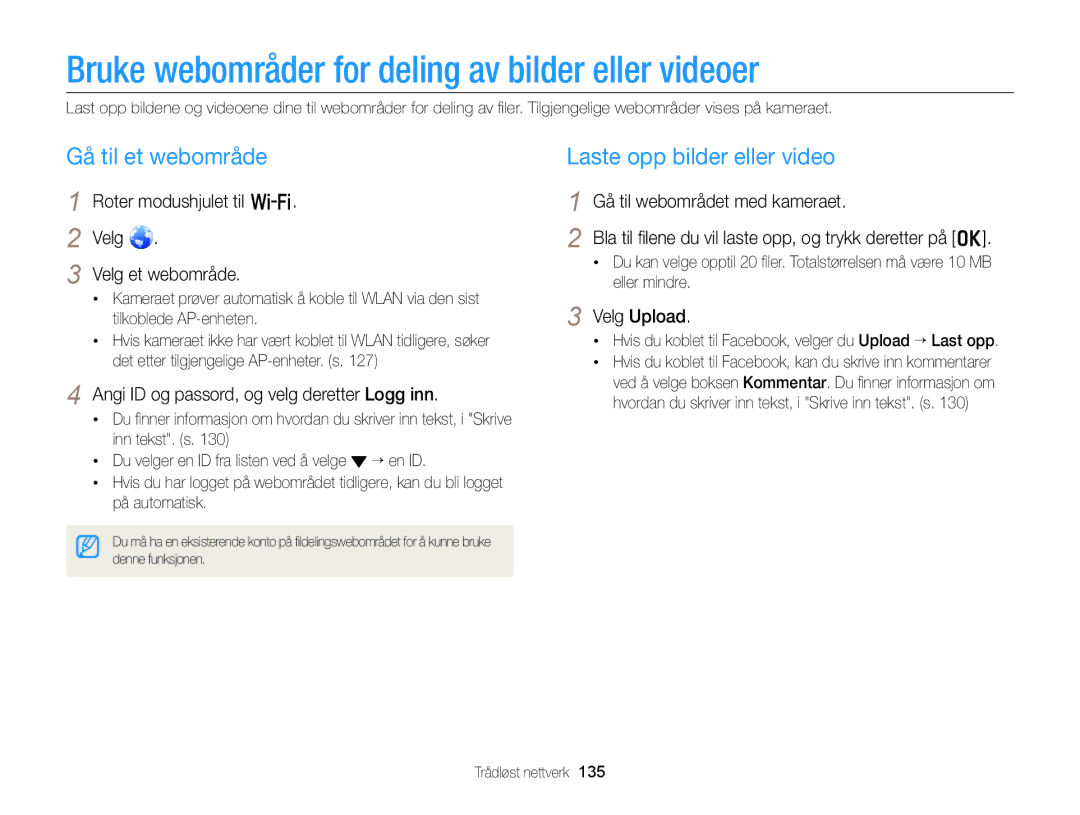 Samsung EC-EX2FZZBPBE2, EC-EX2FZZBPWE2 manual Bruke webområder for deling av bilder eller videoer, Gå til et webområde 