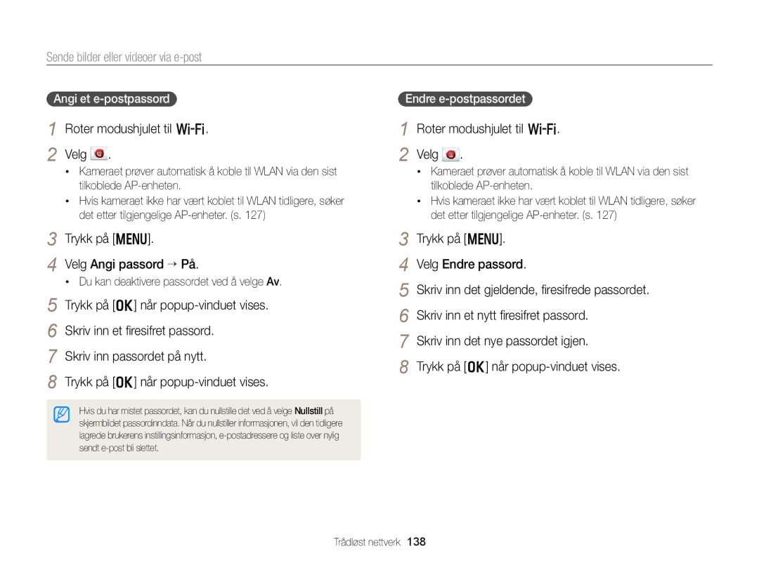 Samsung EC-EX2FZZBPWE2 Sende bilder eller videoer via e-post, Trykk på m Velg Angi passord “ På, Angi et e-postpassord 