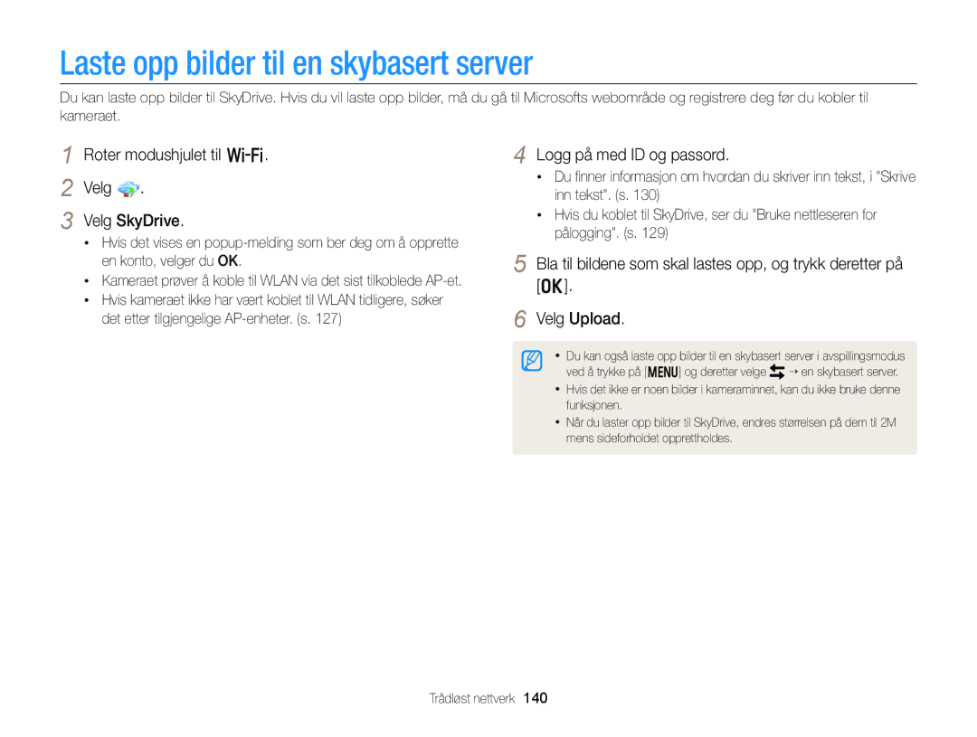 Samsung EC-EX2FZZBPWE2 manual Laste opp bilder til en skybasert server, Roter modushjulet til w Velg Velg SkyDrive 