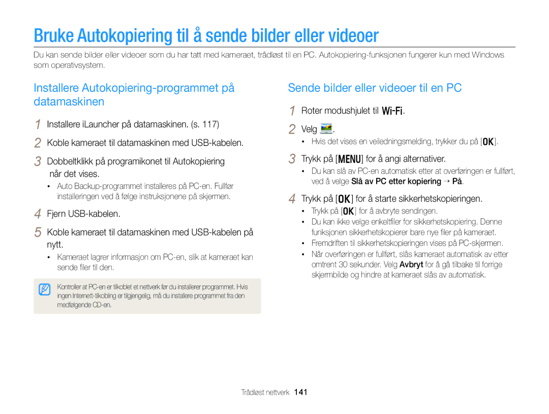 Samsung EC-EX2FZZBPBE2 manual Bruke Autokopiering til å sende bilder eller videoer, Sende bilder eller videoer til en PC 