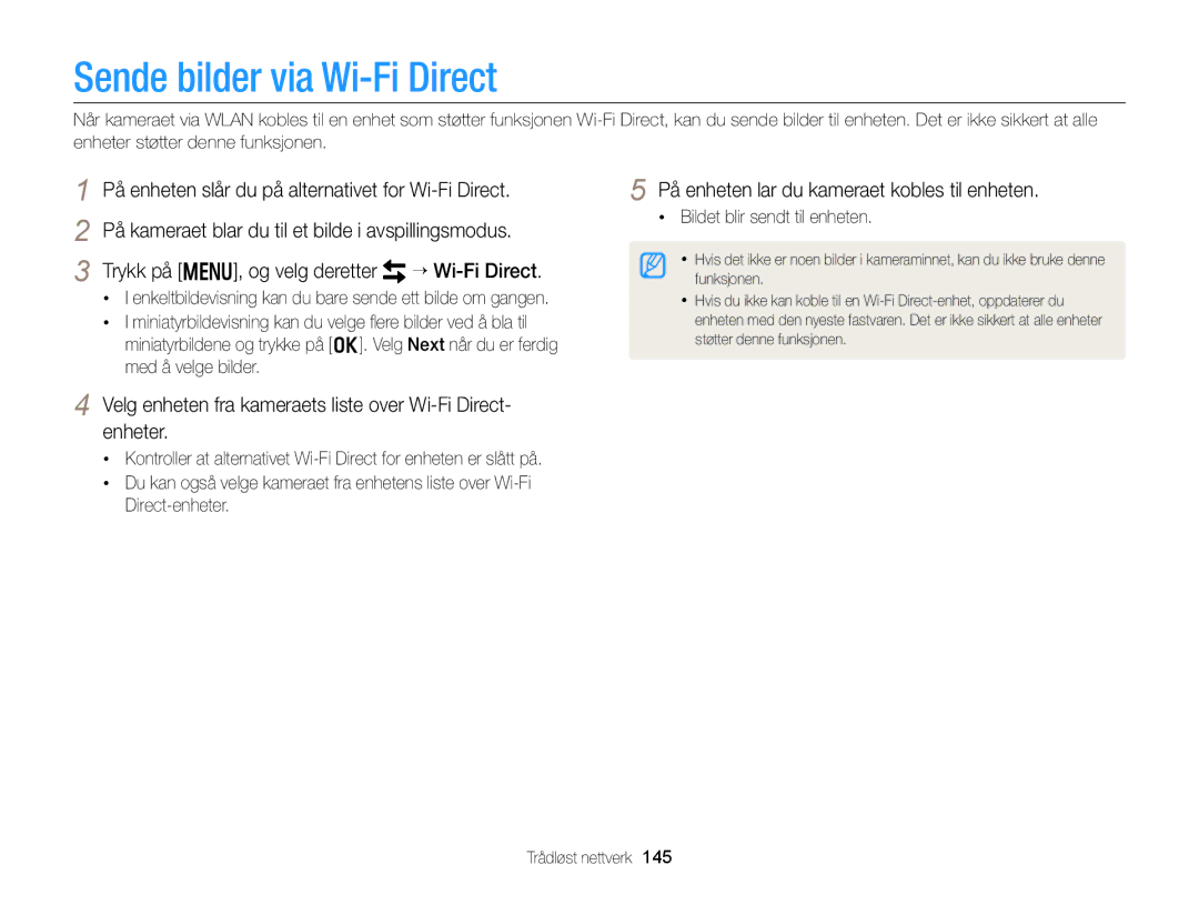 Samsung EC-EX2FZZBPBE2, EC-EX2FZZBPWE2 manual Sende bilder via Wi-Fi Direct, På enheten lar du kameraet kobles til enheten 