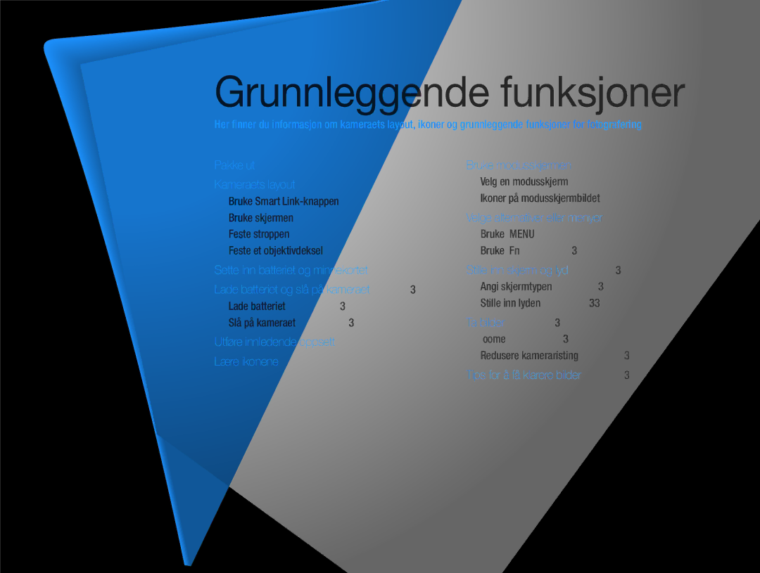 Samsung EC-EX2FZZBPWE2, EC-EX2FZZBPBE2 manual Utføre innledende oppsett …………………, Velge alternativer eller menyer …………… 