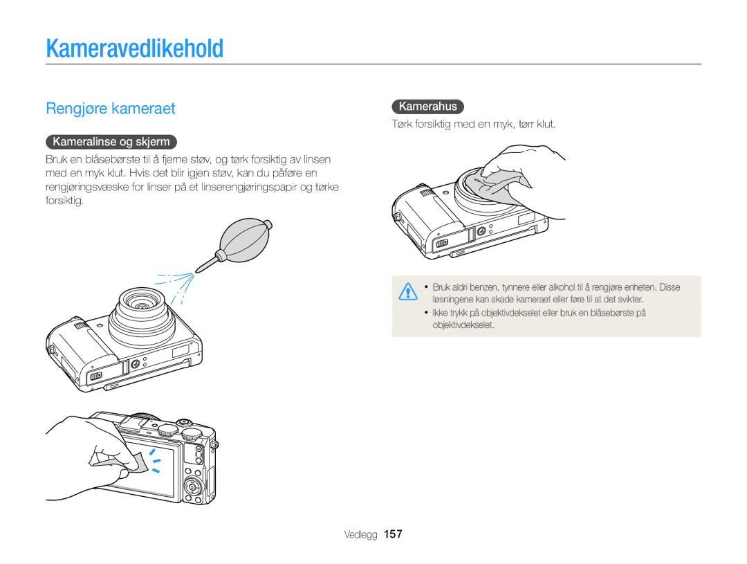 Samsung EC-EX2FZZBPBE2, EC-EX2FZZBPWE2 manual Kameravedlikehold, Rengjøre kameraet, Kameralinse og skjerm, Kamerahus 