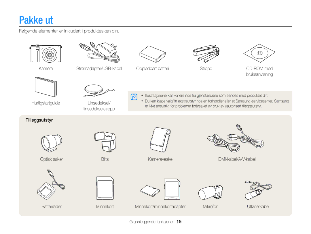 Samsung EC-EX2FZZBPBE2, EC-EX2FZZBPWE2 Pakke ut, Tilleggsutstyr Oppladbart batteri Stropp, Optisk søker Blits Kameraveske 