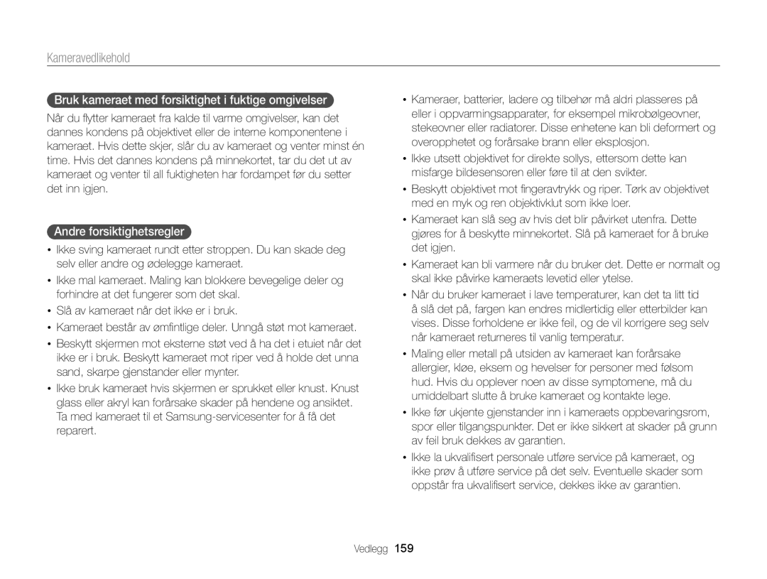 Samsung EC-EX2FZZBPBE2, EC-EX2FZZBPWE2 manual Bruk kameraet med forsiktighet i fuktige omgivelser, Andre forsiktighetsregler 