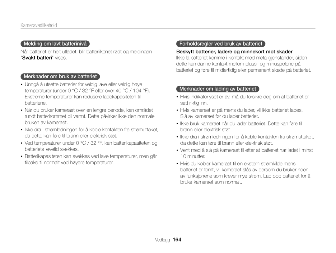 Samsung EC-EX2FZZBPWE2 Melding om lavt batterinivå, Merknader om bruk av batteriet, Forholdsregler ved bruk av batteriet 